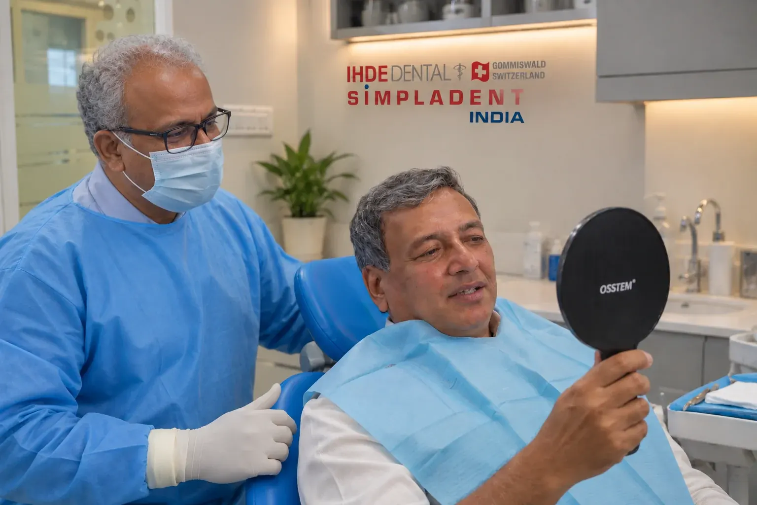 Patient admiring fixed teeth in mirror with Dr. Vivek Gaur